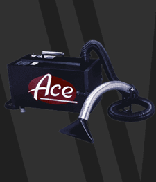 Ace Welding Fume Extractor Part# 73-201-HEPA Photo with black graphic background of extractor with spark trap and filter